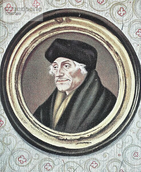 Desiderius Erasmus Roterodamus  28. Oktober 1466  12. Juli 1536  bekannt als Erasmus oder Erasmus von Rotterdam  war ein niederländischer christlicher Humanist  der der größte Gelehrte der nördlichen Renaissance war  Historisch  digitale Reproduktion einer Originalvorlage aus dem 19. Jahrhundert