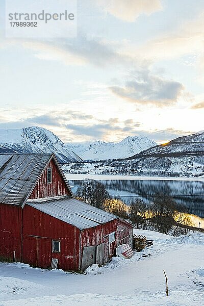 Typische norwegische Holzhütte  Fjord im Winter  Ramfjord  Norwegen  Europa