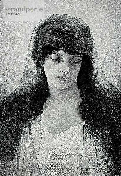 Trauer  junge Frau mit schwarzem Schleier  traurig  Historisch  digitale Reproduktion einer Originalvorlage aus dem 19. Jahrhundert  Originaldatum nicht bekannt