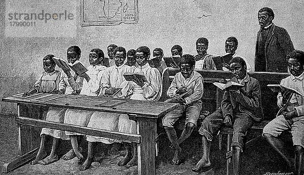 Kinder in einer Schule in Südafrika im Jahre 1899  Historisch  digital restaurierte Reproduktion einer Originalvorlage aus dem 18. Jahrhundert  genaues Originaldatum nicht bekannt