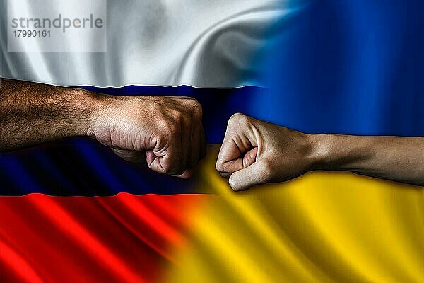 Russland vs Ukraine zwei Fäuste stoßen  Konzept  Russland vs Ukraine politischen Konflikt  Russland vs Ukraine Flagge  Russland  Europa