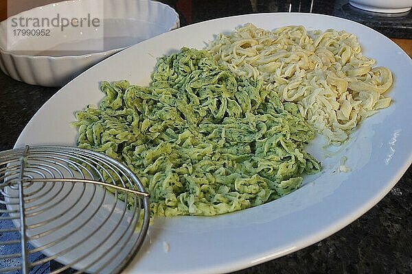 Schwäbische Küche  Zubereitung handgeschabte Spätzle für Spätzle-Auflauf  Spätzle klassisch und mit Spinat auf Servierplatte  Mehlspeise  Schaumlöffel  typisch Schwäbisch  Traditionsküche  vegetarisch  Foodfotografie  Studio  Deutschland  Europa