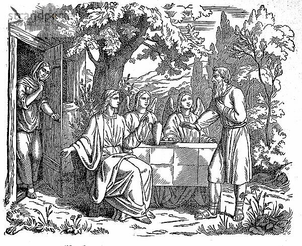 Abrahams Gastfreundschaft und Fürbitte  biblische Szene  Historisch  digitale Reproduktion einer Originalvorlage aus dem 19. Jahrhundert