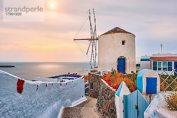 Alte traditionelle weißgetünchte griechische Windmühle auf der Insel Santorin in Oia mit Treppen auf der Straße  Oia Dorf  Santorin  Griechenland  Europa