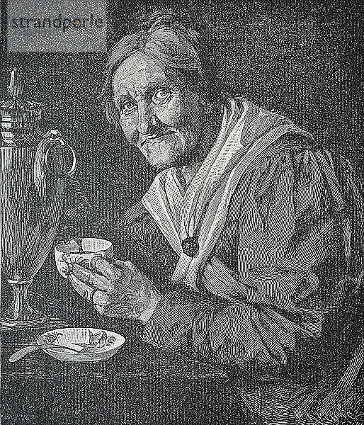 Alte Frau mit Kaffeetasse  Historisch  digitale Reproduktion einer Originalvorlage aus dem 19. Jahrhundert