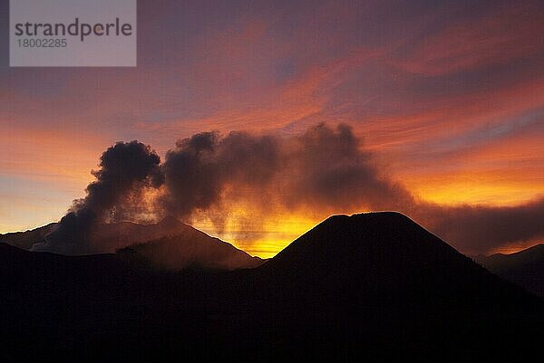 Rauch  der bei Sonnenuntergang vom Vulkan aufsteigt  Mount Bromo (links) und Mount Batok (rechts)  Bromo Tengger Semeru N. P. Ostjava  Indonesien  Asien