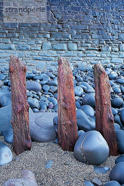 Überreste der alten Seeverteidigung tauchen aus Kieselsteinen und Kieselsteinen vor der modernen Seemauer am Strand auf  Westward Ho!  Nord-Devon  England  Dezember