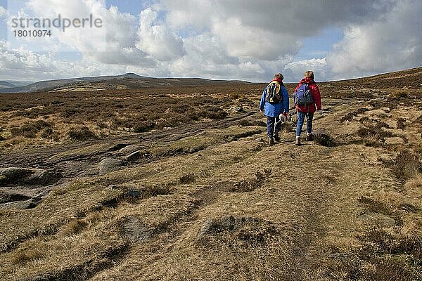 Zwei Wanderer wandern auf einem erodierten Pfad im Hochlandlebensraum  Derwent Valley  Peak District  Derbyshire  England  Marsch