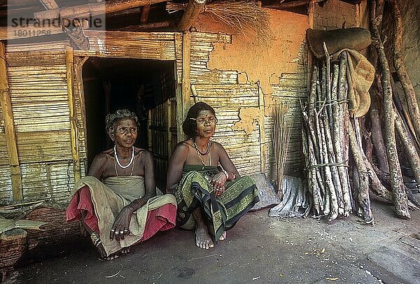 Muduga Stammesfrauen sitzen vor ihrer Hütte  Silent Valley  Kerala  Indien  Asien