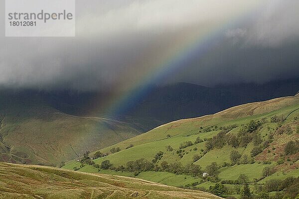 Regenbogen  der sich während eines Regenschauers über dem Hochland bildet  Cautley Crag  Howgill Fells  Cumbria  England  Mai