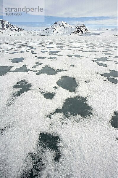 Blick auf Meereis und schneebedeckte Küstengebirge  Spitzbergen  Svalbard  Spätfrühling