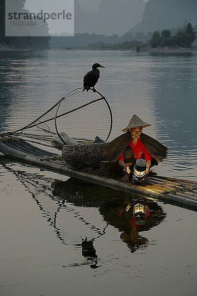 Traditioneller Fischer mit ausgebildeten Kormoranen  Beleuchtungslampe auf Bambusfloß bei Sonnenaufgang  auf Fluss im Karstgebiet  Li-Fluss  Guilin  Autonome Region Guangxi Zhuang  China  Oktober  Asien