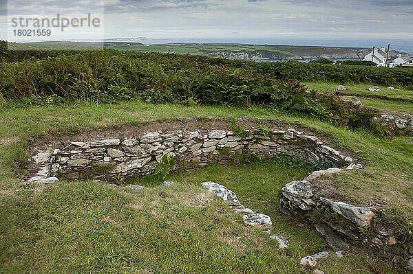 Bauernhofstützen aus der Eisenzeit  niedrige Steinmauern gestütztes Dachgebälk  Holyhead Mountain Hut Group  Heilige Insel  Anglesey  Wales  August