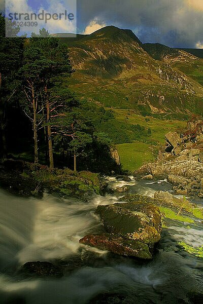 Blick auf den Wasserfall im Tal mit dem Berg im Hintergrund  Ogwen Falls  Afon Ogwen  Mynydd Perfedd  Snowdonia  Wales  September