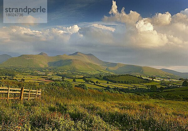 Blick auf Ackerland und Hügel am Abend  Brecon Beacons N. P. Powys  Wales  Juni