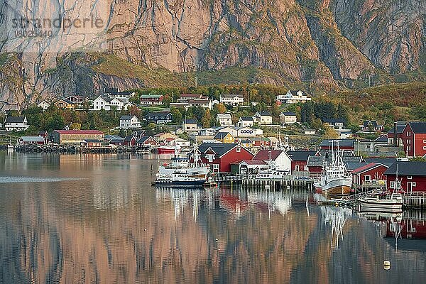 Holzhäuser Siedlung am Reinefjord mit Fischerbooten  Reine  Lofoten  Nordland  Norwegen  Europa