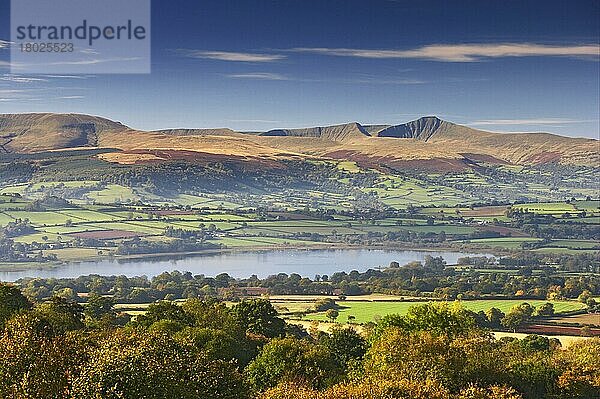 Blick auf See  Ackerland und Hügel  von Mynydd Llangorse aus gesehen  Llangorse See  Brecon Beacons N. P. Powys  Wales  Oktober