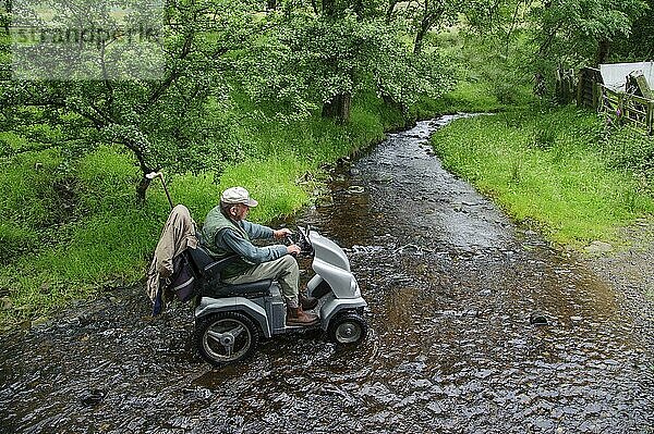 Älterer Mann mit Mobilitätsproblemen besucht mit dem Tramper (Geländescooter) Bauernhof  überquert Bach an Furt  Whitewell  Forest of Bowland  Lancashire  England  Juli