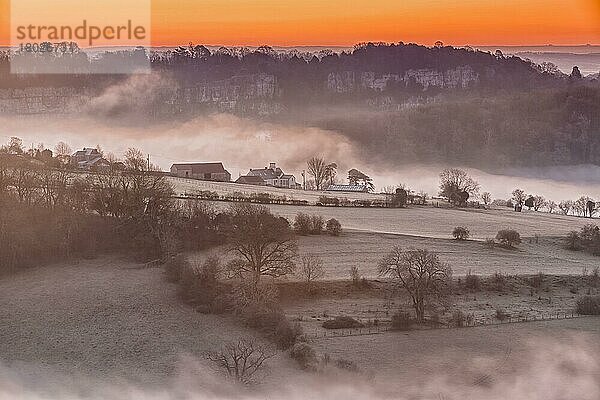 Blick auf Ackerland und nebelumhüllten Fluss bei Sonnenaufgang  Lower Wyndcliff  Chepstow  River Wye  Lower Wye Valley  Monmouthshire  Wales  Mai