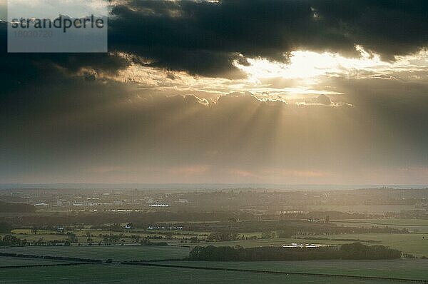 Sonnenstrahlen beleuchten Felder in ländlicher Landschaft  in der Nähe von Ashford  North Downs  Kent  England  März