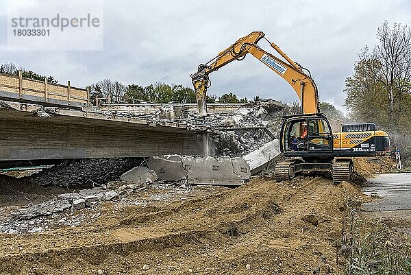 Baustelle  Bagger mit Abbruchhammer beim Abbruch einer maroden Brücke einer Bundesstraße  Freising  Oberbayern  Bayern  Deutschland  Europa