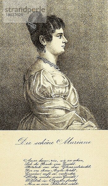 Das lustige alte Hamburg  Schöne Marianne  Porträt  Frau  Gedicht  Lob  Schönheit  Halskette  Haarnadel  schwarzes Haar  Profil  Kleid  vornehm  Deutschland  Illustration um 1892  Europa