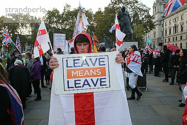 Mann in den St  Georges-Farben und mit einem Leave means Leave-Schild in Westminster  London  England  Großbritannien  Europa