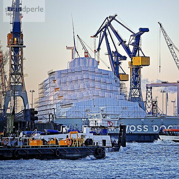 Trockendock Elbe 17 von Blohm und Voss mit Kränen und Schiffsverkehr auf der Norderelbe  Hamburger Hafen  Hamburg  Deutschland  Europa