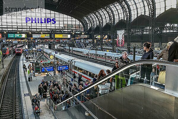 Züge  Passagiere  Bahnsteig  Bahnhofshalle  Hauptbahnhof  Hamburg  Deutschland  Europa