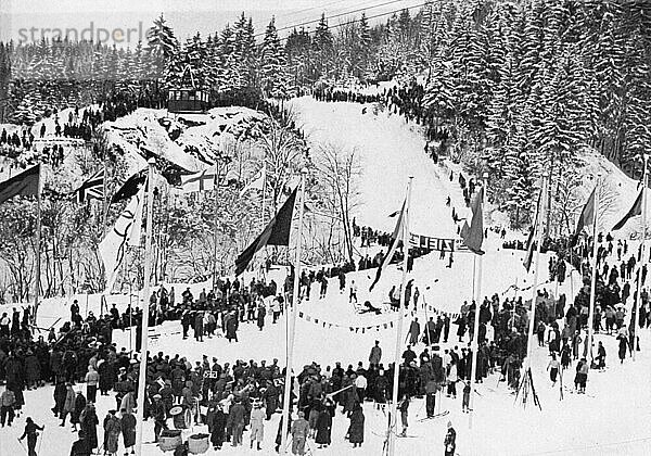 Das Ziel des Abfahrtsrennens am Kreuzeck Tal am zweiten Tag der IV. Olympischen Winterspiele