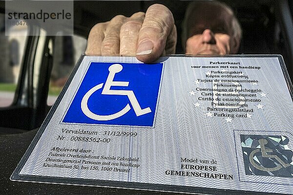 Behinderter älterer Mann legt EU-Parkausweis für Menschen mit Behinderungen  Blue Badge  EU- und EWR-weit einheitlich  hinter die Windschutzscheibe des Autos