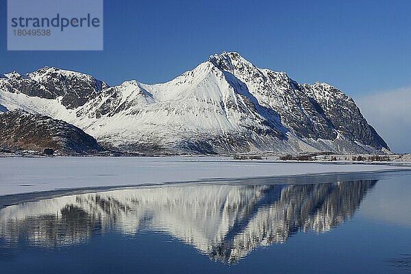 Reflexion der Berge am Ytterpollen im Schnee im Winter  Vestvågøya  Lofoten  Norwegen  Europa
