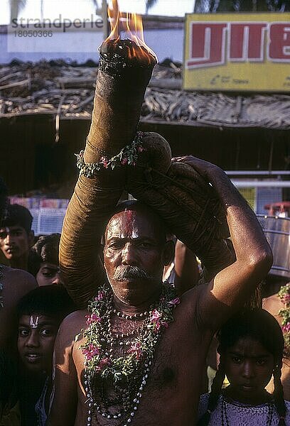 Gläubiger bei der Erfüllung eines Gelübdes während des Karamadai-Wagenfestes in der Nähe von Coimbatore  Tamil Nadu  Indien  Asien