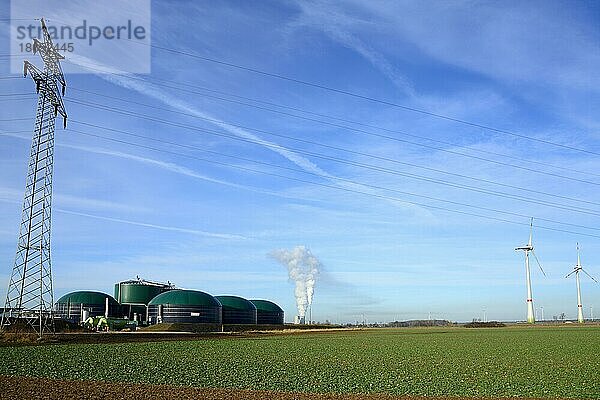 Geballte Energie  Strommast  Biogasanlage  Kohlekraftwerk Mehrum  Windräder  Solschen  Kreis Peine  Niedersachsen  Deutschland  Europa