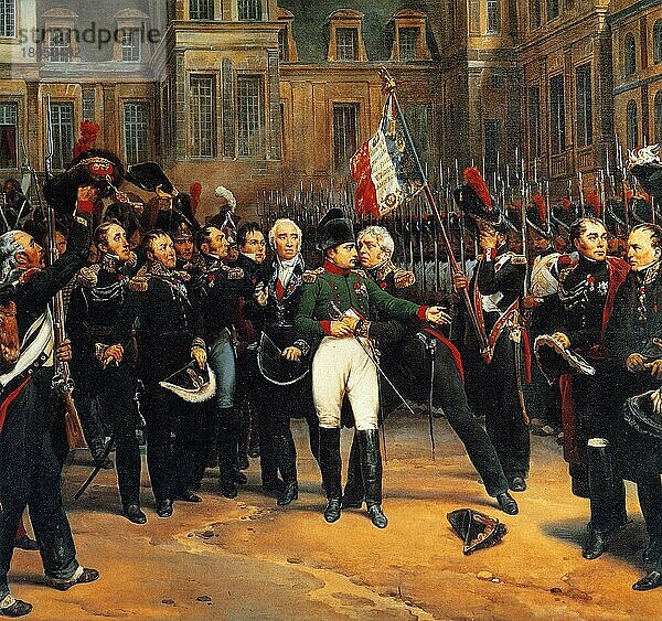 20. April 1814  Napoleon verabschiedet sich im Hof von Schloss Fontainebleau von den Soldaten der Alten Garde. Gemälde von Horace Vernet (1825)