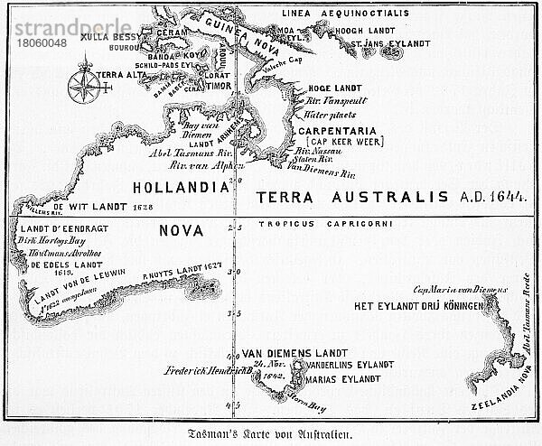 Landkarte  17. Jahrhundert  holländische Entdeckung  Reise  Tasman  Australien  Neu Holland  Guinea  Besiedlung  historische Illustration 1885  Ozeanien