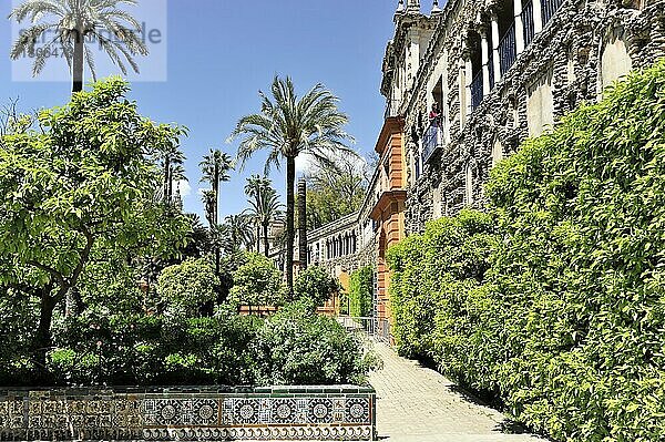 Gartenarchitektur in den Gärten im maurischen Königspalast Real Alcazar  Unesco-Weltkulturerbe  in Sevilla  Andalusien  Spanien  Europa