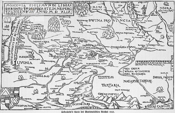 Historische Landkarte 1549  16. Jahrhundert  Osteuropa  Moskau  Moldavien  Litauen  Lettland  Ladoga See  Nordeuropa  Finnland  Ostsee  Sibirien  Kaspisches Meer  Tartaren  Ornamente  Europa