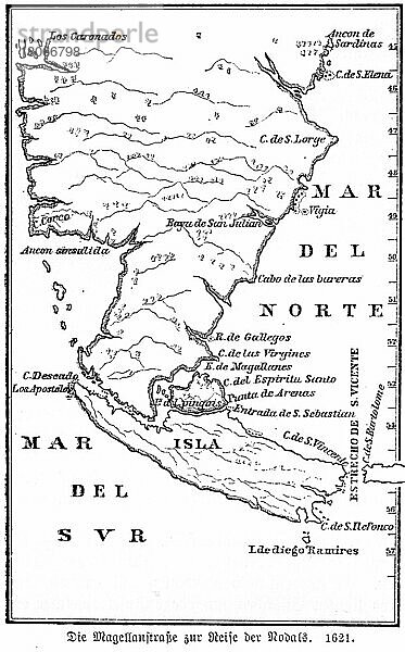 Landkarte  1. Jahrhundert  Magellanstraße  Punta Arenas  Atlantischer Ozean  Pazifischer Ozean  Latein  Feuerland  Schiffsreise  historische Illustration 1885