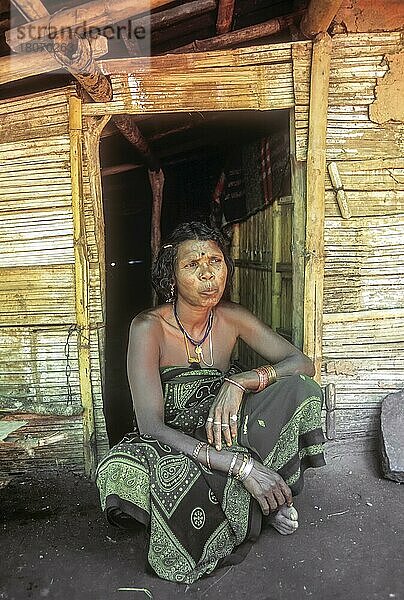 Mudunga-Stammesfrau vor ihrer Hütte in einem Stammesdorf in der Nähe des Silent Valley  Kerala  Indien  Asien