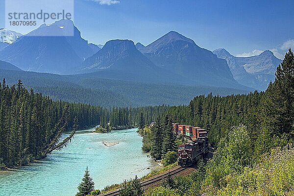 Güterzug der Canadian Pacific Railway entlang des Bow River bei Morant's Curve  Banff National Park  Alberta  Kanadische Rocky Mountains  Kanada  Nordamerika