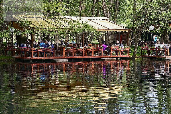 Restaurant am Seeufer  Tushemisht  Quellgebiet des Ohrid-Sees  Drilon Nationalpark bei Pogradec  Region Korca  Korça  Albanien  Europa