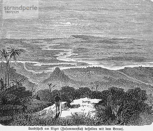 Niger Fluss  Benue  Zusammenfluss  Ebene  Hügel  Bäume  Landschaft  von oben  Inseln  Mensch  historische Illustration 1885  Nigeria  Afrika