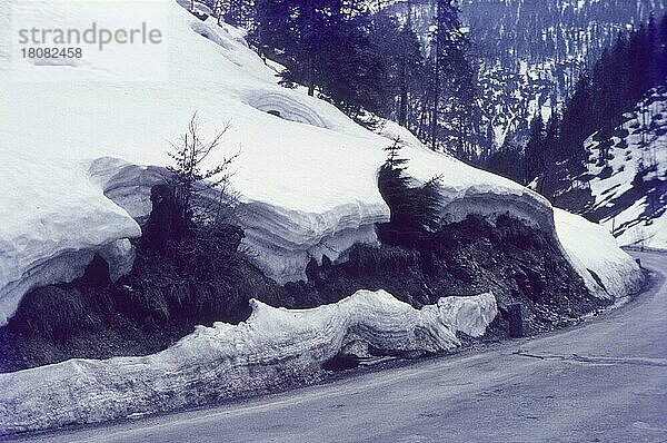 Altschnee am Achenpass  Tirol  Österreich  Schneemassen  Schneeschichten  Frühling  Voralpen  Voralpengebiet  Straßenrand  Siebziger Jahre  70er Jahre  Europa