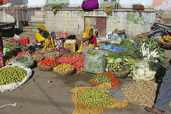 Gemüsestand  Pushkar  Bezirk Ajmer  Rajasthan  Straßenhändler  Indien  Asien
