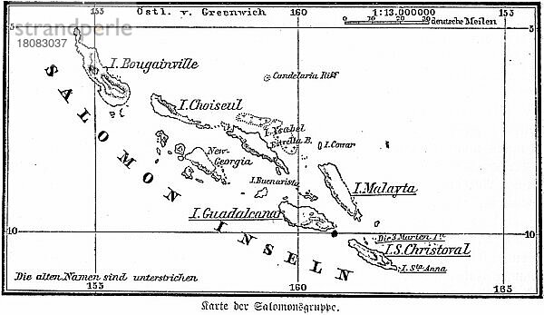 Landkarte  Salomon Inseln  Salomonen  Gradnetz  deutsche Meilen  historische Illustration 1885  Ozeanien
