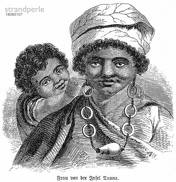 Porträt  Frau  Eingeborene  Kind  Locken  Schmuck  Halskette  Thomas Cook  Entdecker  Reisen  historische Illustration 1885  Insel Tanna  Vanuata  Ozeanien