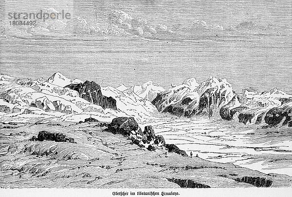 Landschaft  Himalaya  Schnee  Gipfel  Tal  historische Illustration 1885  19. Jahrhundert  Mittelasien