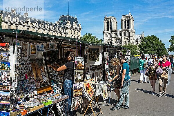 Bücherstaende am Seineufer  les bouquinistes  Kathedrale Notre-Dame  Paris  Frankreich  Europa