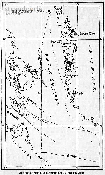 Landkarte  Grönland  Baffin Bay  Labrador  Disco Bucht  Nördliche Expeditionen  Frobisher  Davis  16. Jahrhundert  historische Illustration 1885  Nordamerika